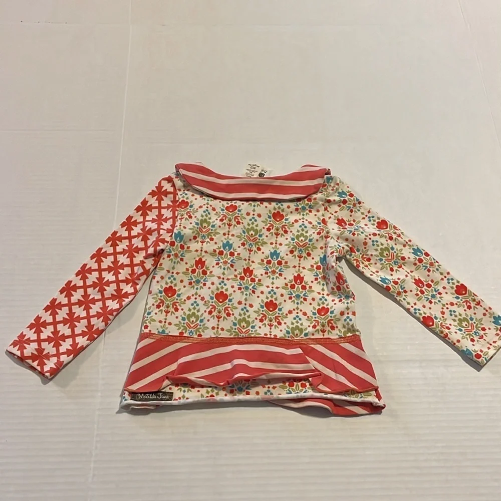 Matilda Jane-12 M-multicolored patterned top with back ruffle, long sleeve top.